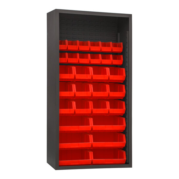 A black metal Durham enclosed bin rack with red bins and black trim.