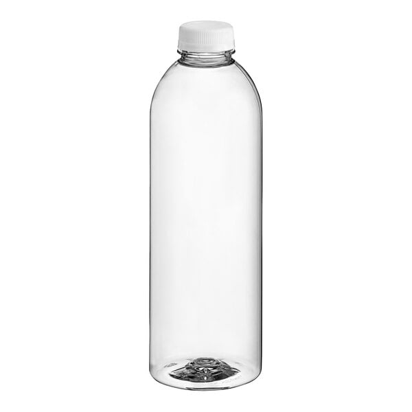 A 32 oz. clear plastic round juice bottle with a white lid.