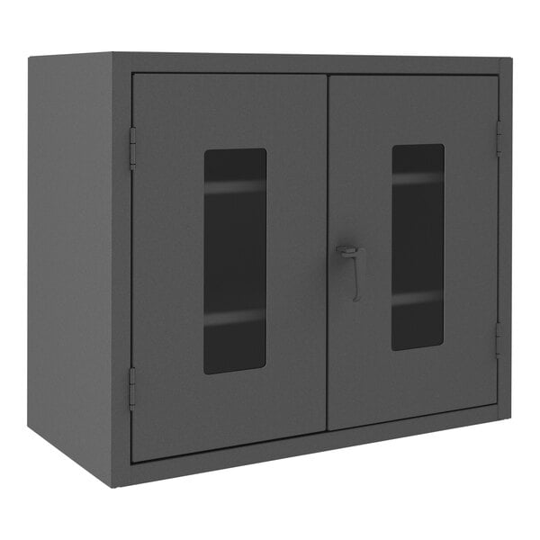 A gray metal cabinet with clear doors.