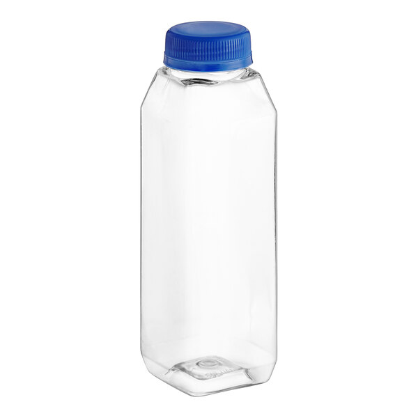 A clear plastic Square PET juice bottle with a blue cap.