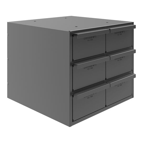 A grey metal Durham steel storage cabinet with six drawers.