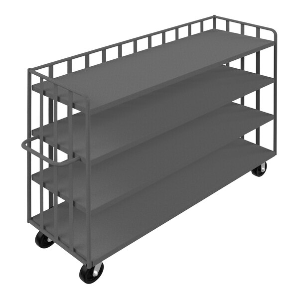 A grey metal Durham Mfg portable truck with shelves on wheels.