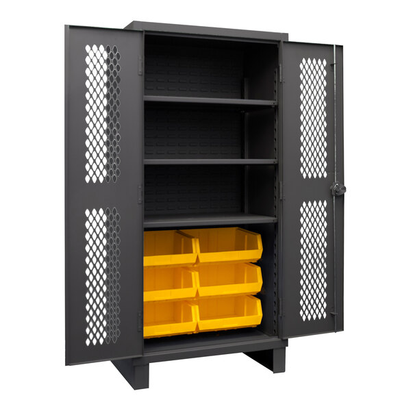 A black metal Durham storage cabinet with yellow bins inside.