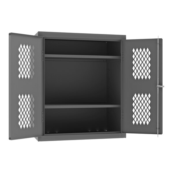 A grey rectangular metal cabinet with open diamond-shaped doors.
