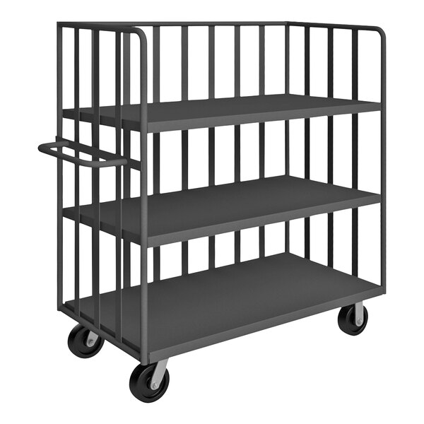 A gray metal Durham Mfg portable truck with three shelves and wheels.