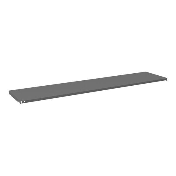 A grey rectangular Durham steel shelf on a white background.