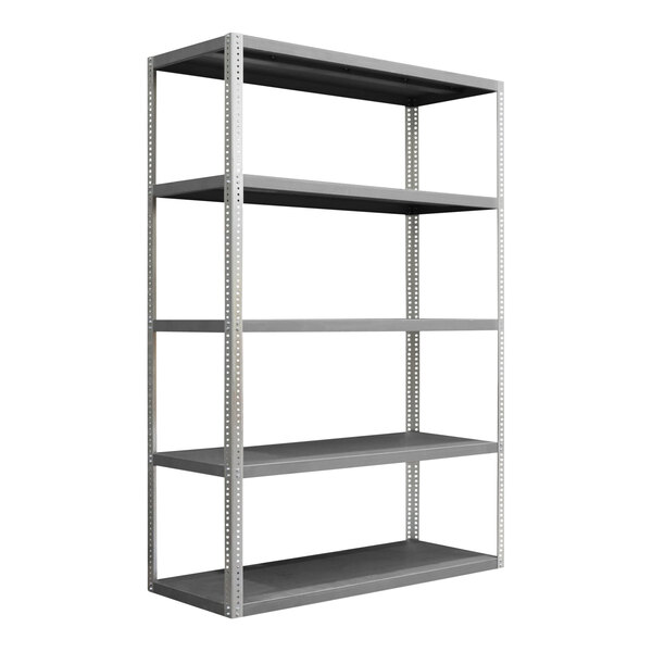 A grey metal Durham Manufacturing heavy-duty shelving unit with four shelves.
