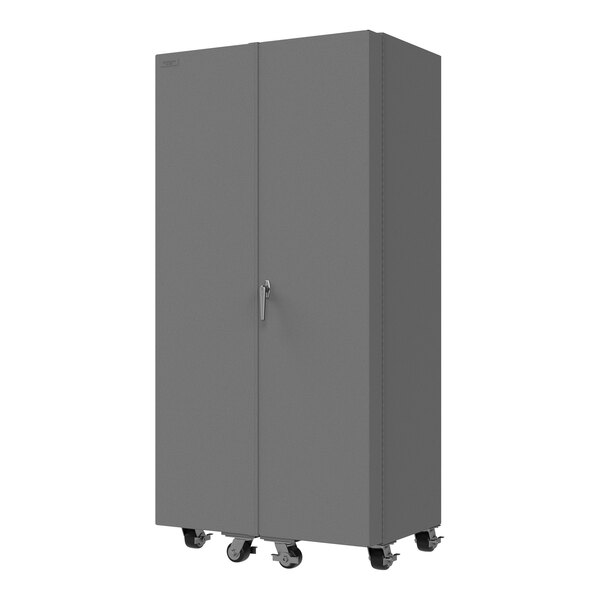 A grey Durham storage cabinet on wheels.