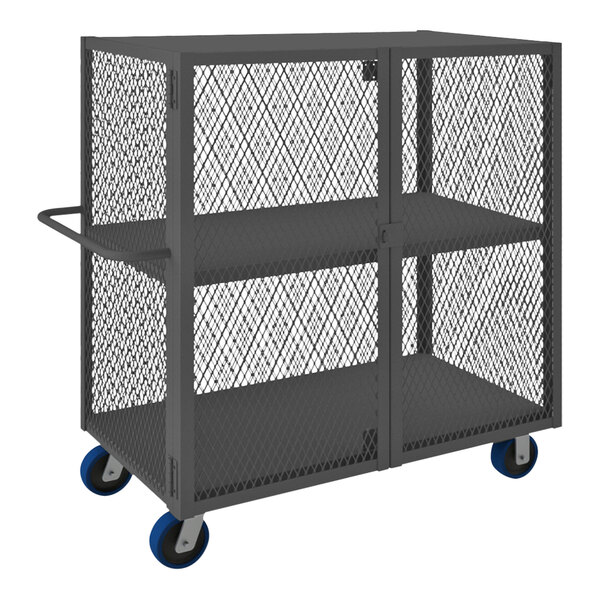 A gray metal Durham stock picking cart with two shelves and blue polyurethane wheels.