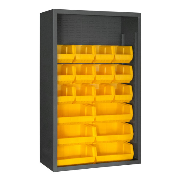 A metal cabinet with yellow bins inside.