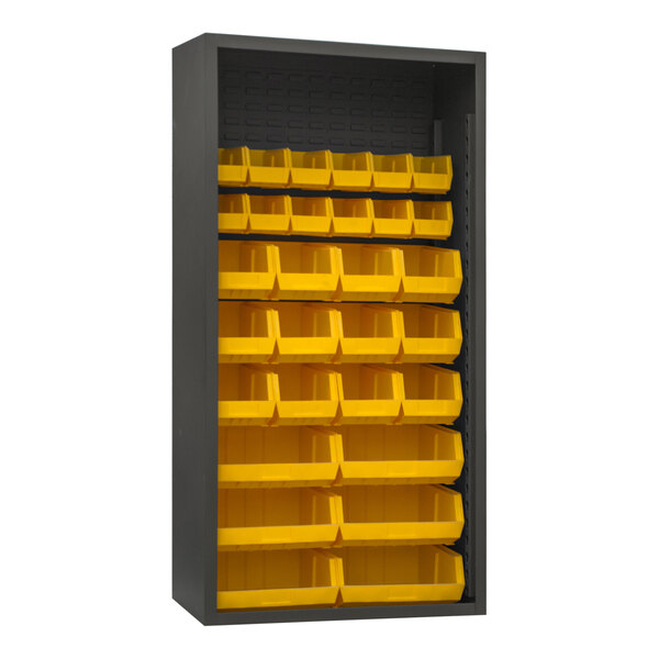 A black metal Durham enclosed bin rack with yellow bins on the shelves.