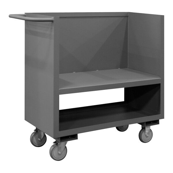 A gray Durham low-deck maintenance cart with 1 fixed shelf on wheels.