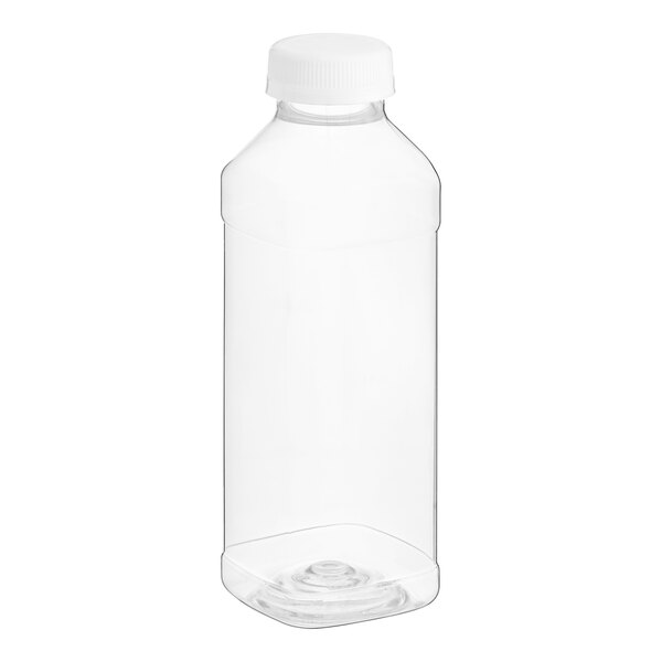 A clear plastic square juice bottle with a white lid.