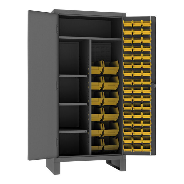 A black metal Durham maintenance cabinet with yellow bins on the shelves.
