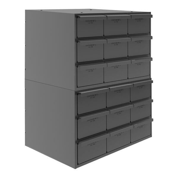 A gray Durham steel storage cabinet with 18 drawers.