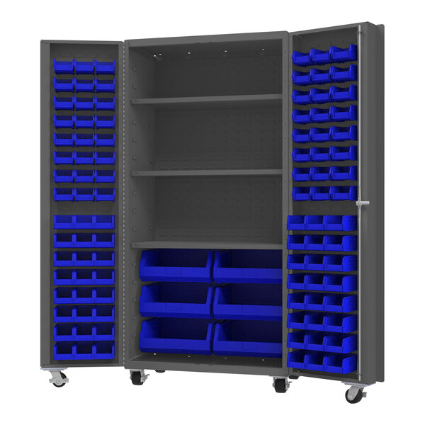 A large metal Durham storage cabinet with blue bins on the shelves.