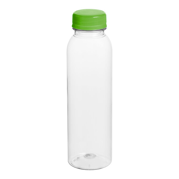 A clear plastic 12 oz. juice bottle with a lime green cap.