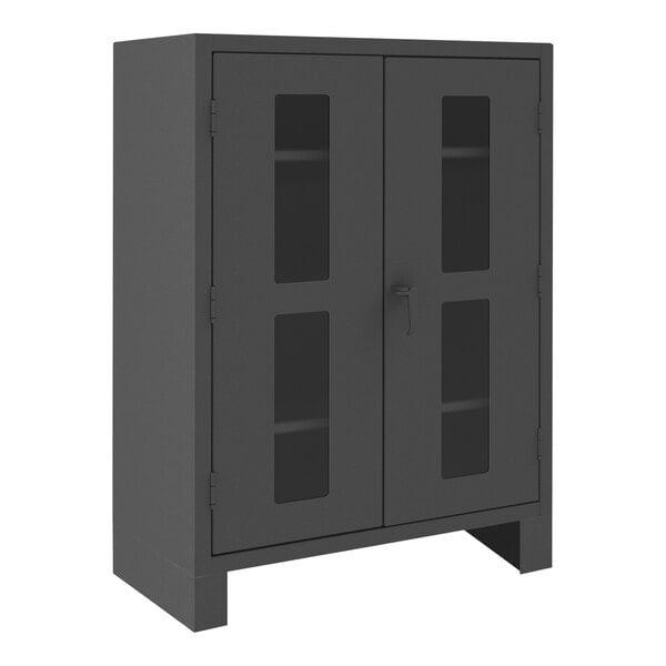 A gray metal cabinet with clear doors.