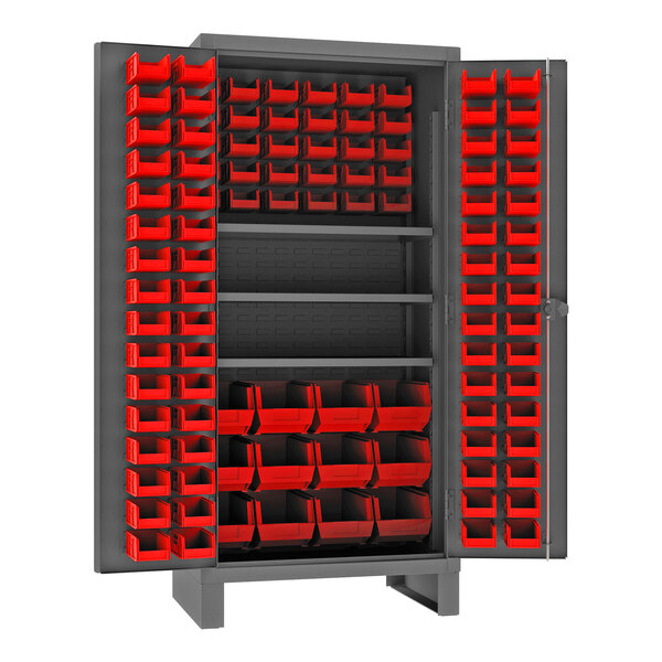 A grey metal Durham storage cabinet with red bins on the shelves.