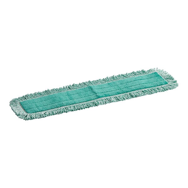 A close-up of a green Lavex microfiber dust mop pad with fringes.
