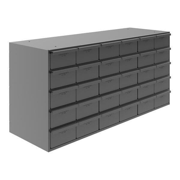 A grey metal Durham storage cabinet with drawers.