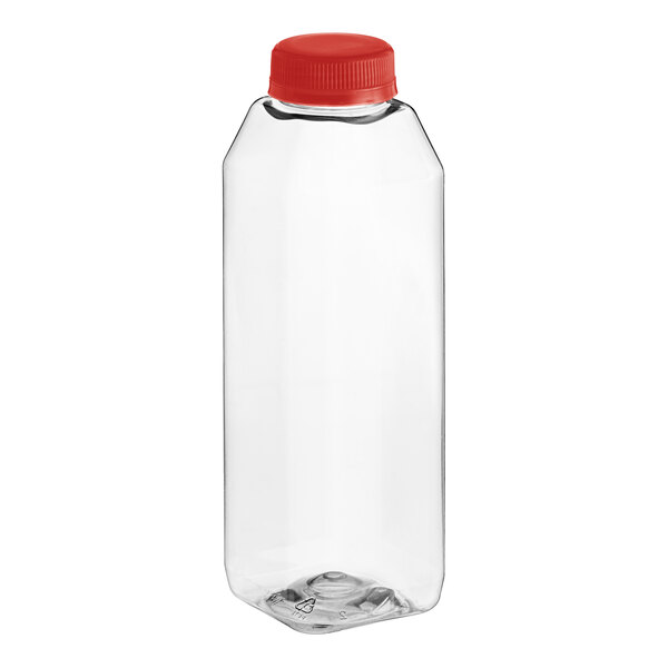 A clear plastic 16 oz. Tall Square rPET juice bottle with a red cap.