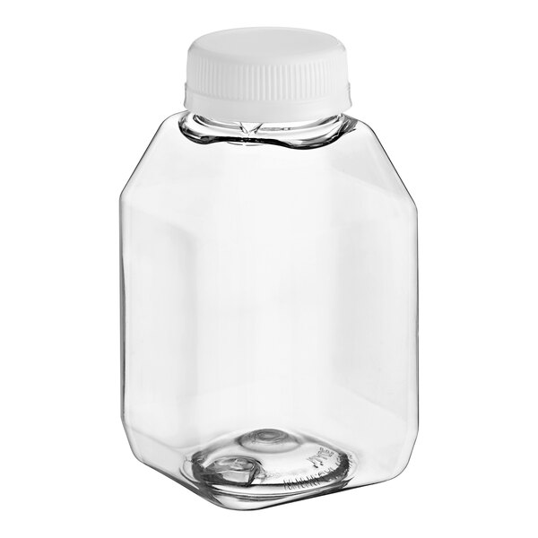 A clear plastic 8 oz. square juice bottle with a white cap.