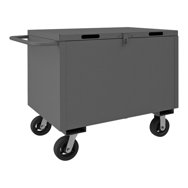 A gray steel box cart with wheels.