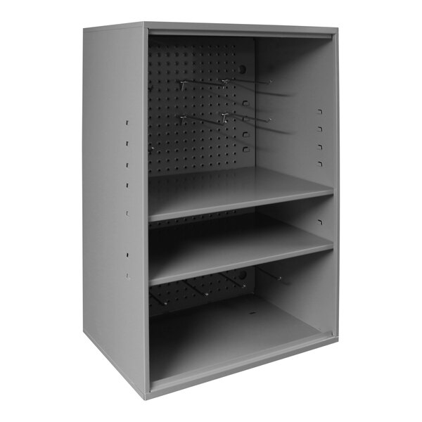 A grey metal cabinet with shelves and a pegboard panel.