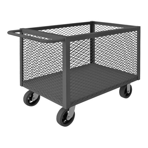 A black metal Durham Mfg mesh box truck with rubber wheels.