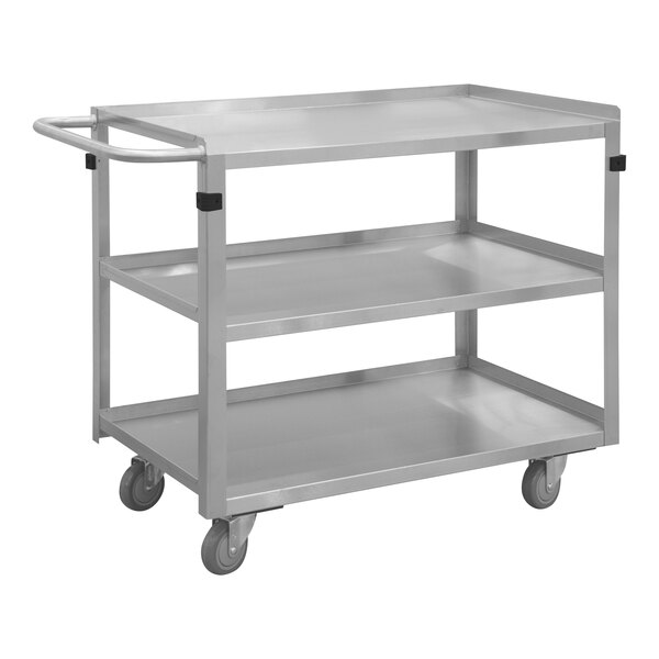 A Durham Manufacturing stainless steel stock cart with three shelves and wheels.