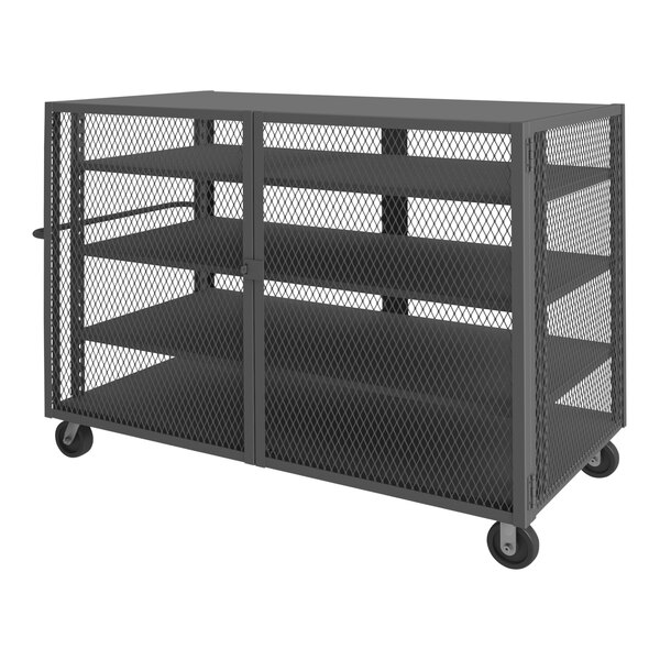 A black metal Durham stock picking cage truck with 4 shelves on wheels.