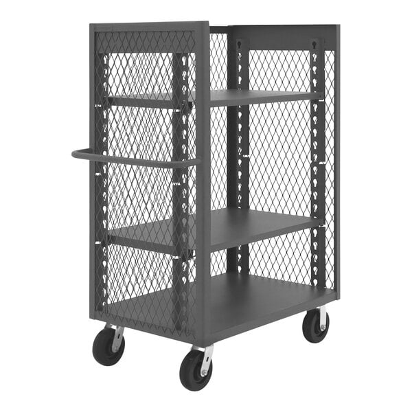 A Durham 3-sided mesh utility cart with three wire mesh shelves.