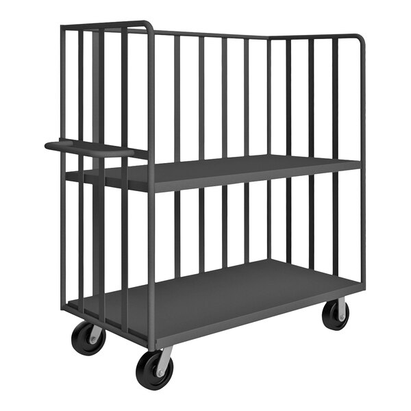 A gray metal Durham Maintenance Cart with two shelves and wheels.