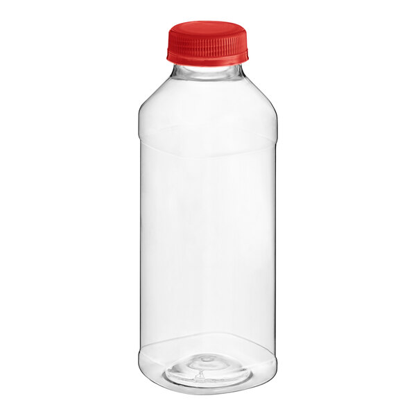 A clear plastic square juice bottle with a red cap.