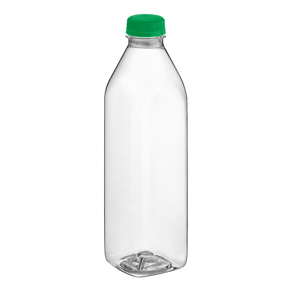 A 32 oz. clear PET plastic juice bottle with a green cap.