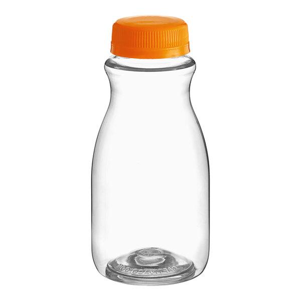 An 8 oz. clear plastic carafe juice bottle with an orange cap.