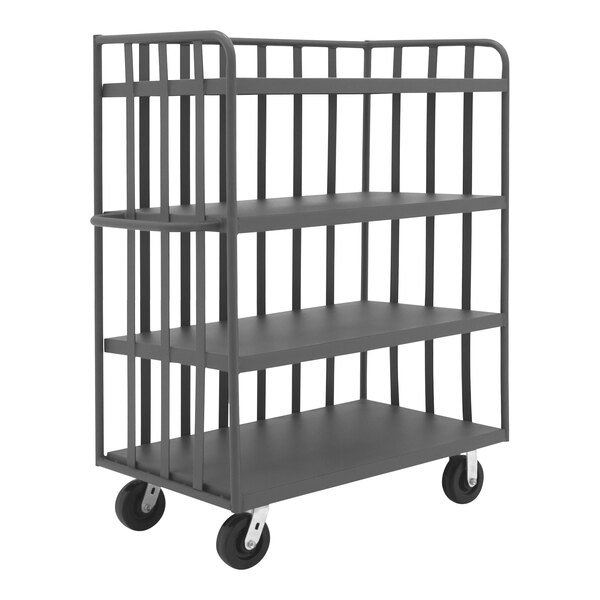 A grey metal Durham maintenance cart with four shelves on black wheels.