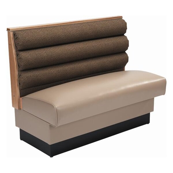 An American Tables & Seating brown and tan booth with a horizontal channel back and a headboard covered in brown and tan fabric.
