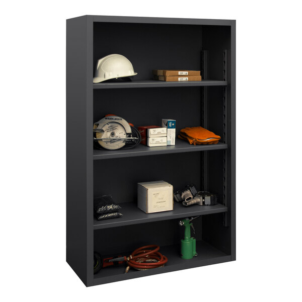 A black Durham Manufacturing enclosed shelf with various items on it.