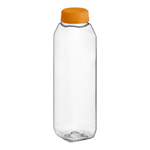 A clear plastic Tall Square PET juice bottle with an orange cap.