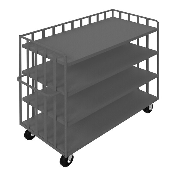 A grey metal Durham Mfg portable truck with three shelves and wheels.