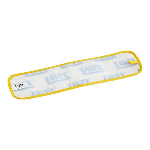 A white and yellow rectangular Lavex microfiber mop pad with blue text.