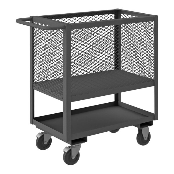 A black Durham Mfg steel low-deck truck with mesh shelves and wheels.