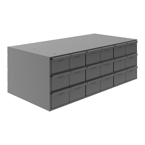 A grey metal Durham storage cabinet with 18 drawers.