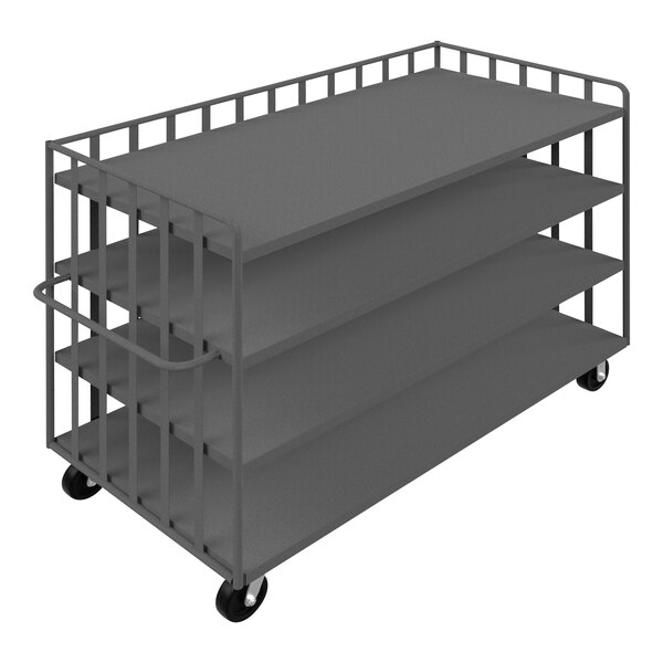 A grey metal Durham portable cart with three shelves on wheels.