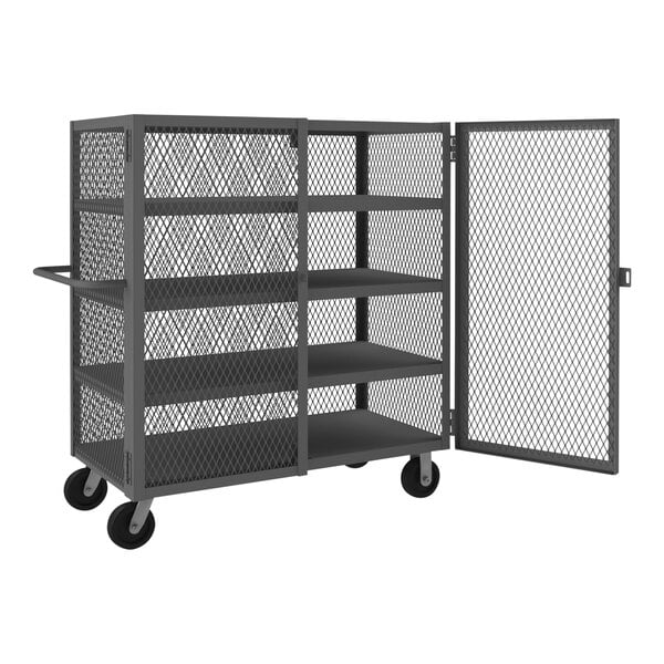 A Durham steel cage truck with shelves and mesh doors on wheels.