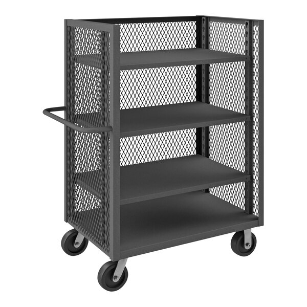 A black metal Durham Manufacturing 3-sided mesh cart with four shelves.