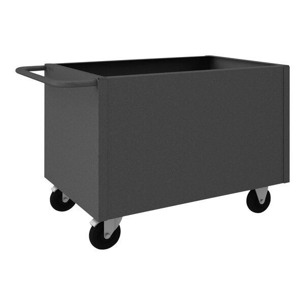 A black rectangular Durham Mfg steel box truck with wheels.