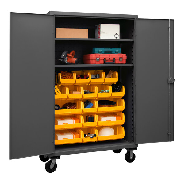 A large metal Durham storage cabinet with yellow bins.